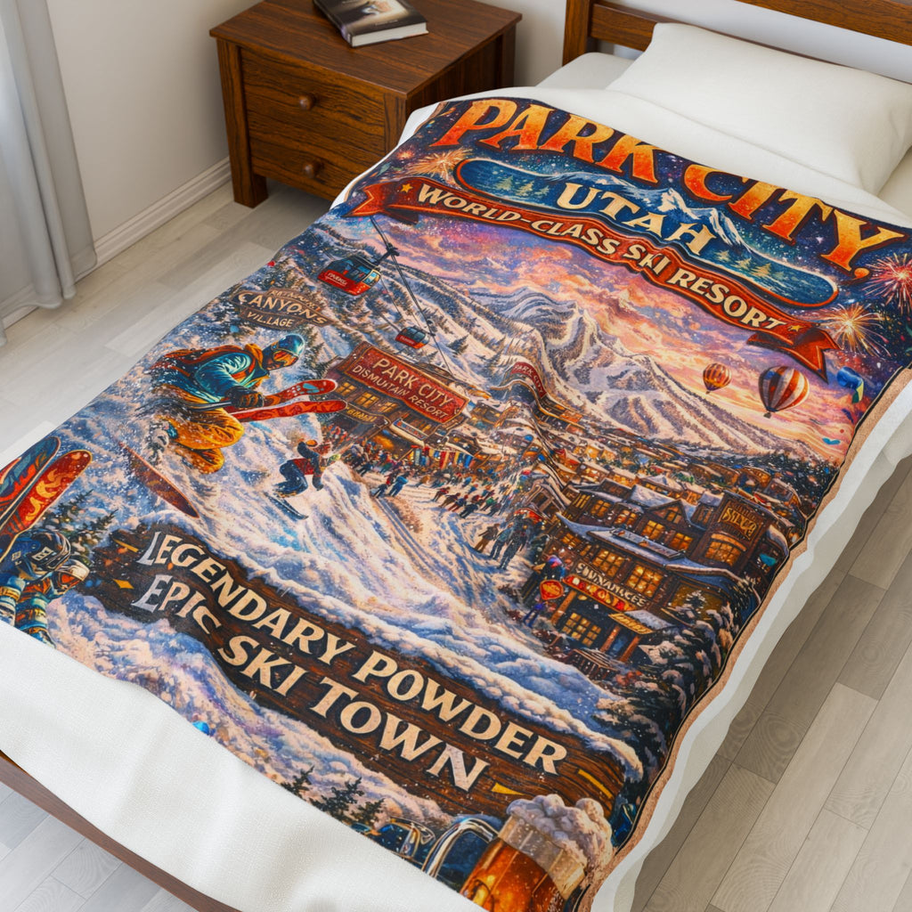 Park City Utah Ski Resort Velveteen Plush Blanket - 'Legendary Powder' Winter Throw