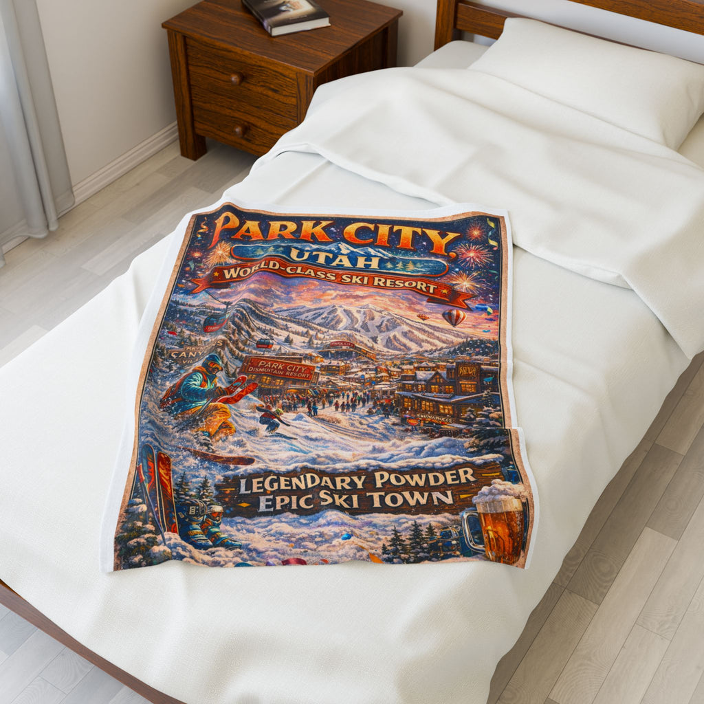 Park City Utah Ski Resort Velveteen Plush Blanket - 'Legendary Powder' Winter Throw