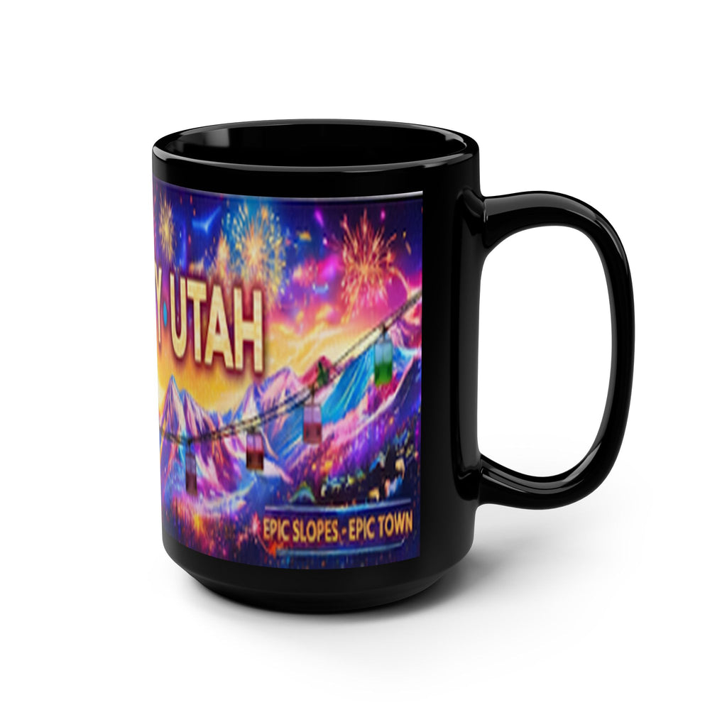 Park City Utah Coffee Mug — 15oz Black Mug with Colorful Mountain & Fireworks Design (Epic Slopes)