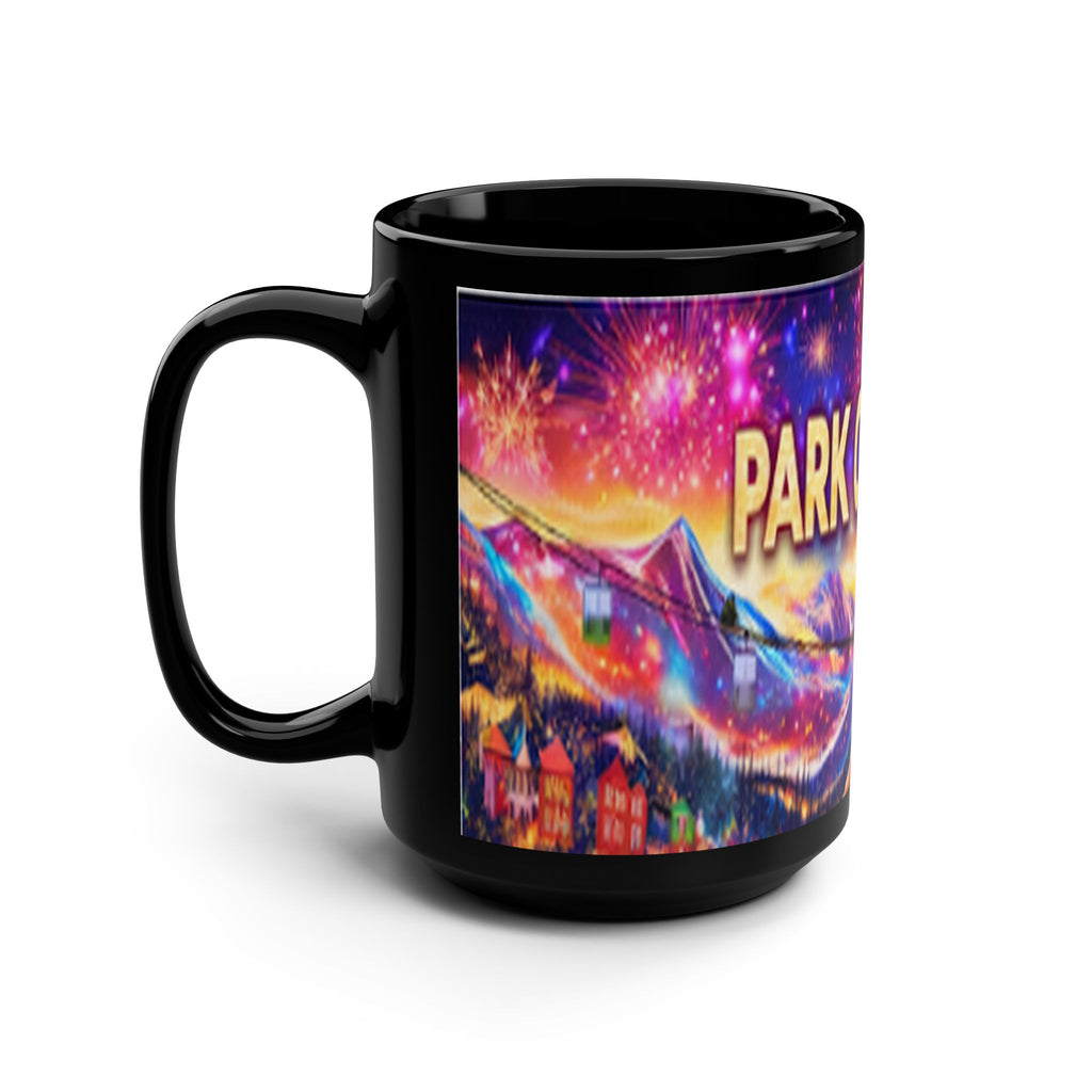 Park City Utah Coffee Mug — 15oz Black Mug with Colorful Mountain & Fireworks Design (Epic Slopes)