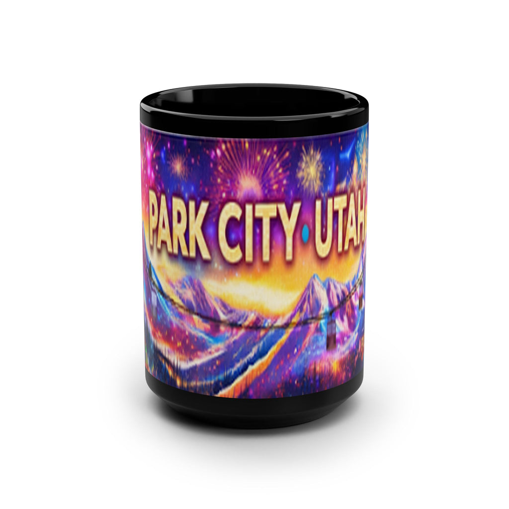 Park City Utah Coffee Mug — 15oz Black Mug with Colorful Mountain & Fireworks Design (Epic Slopes)